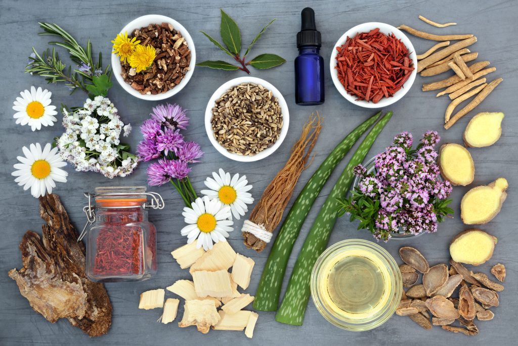 Herbs and spices on table