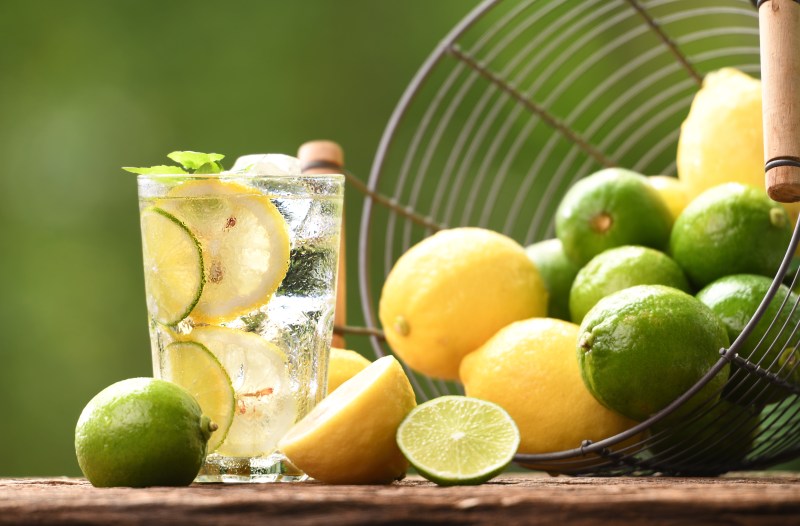 Glass with lemon and lime-infused water