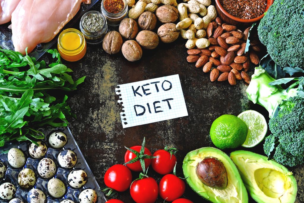 Assorted whole foods for a low-carb lifestyle around a Keto Diet note, illustrating the diet that pairs well with a keto probiotic.