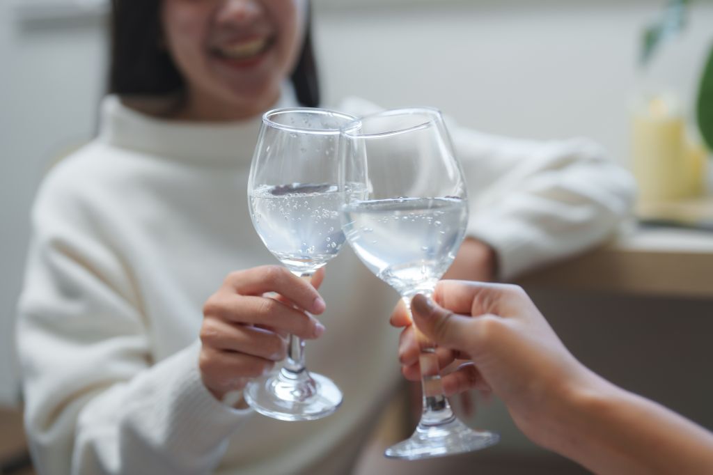 Friends drinking plain sparkling water