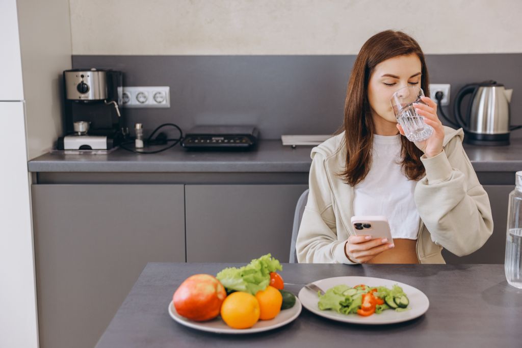Woman eating lunch and drinking water