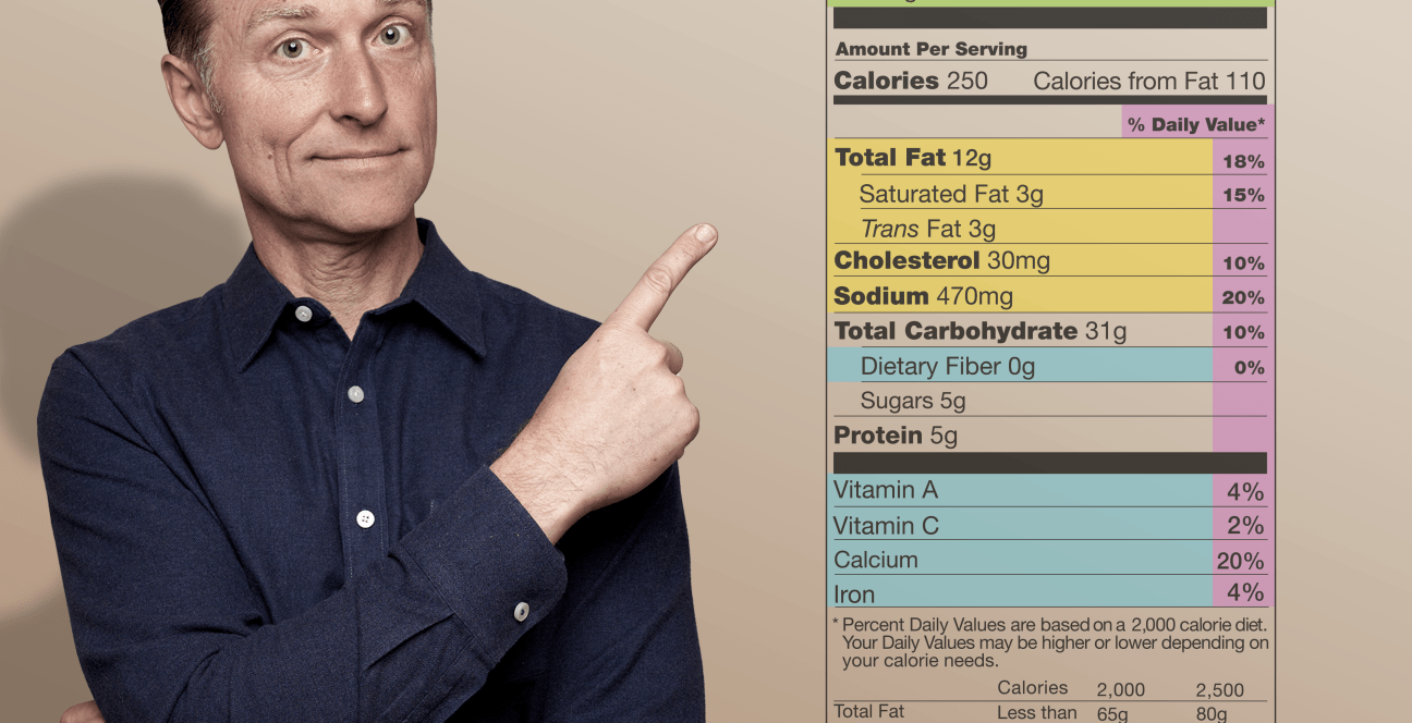 Nutrition facts label with pointing gesture.