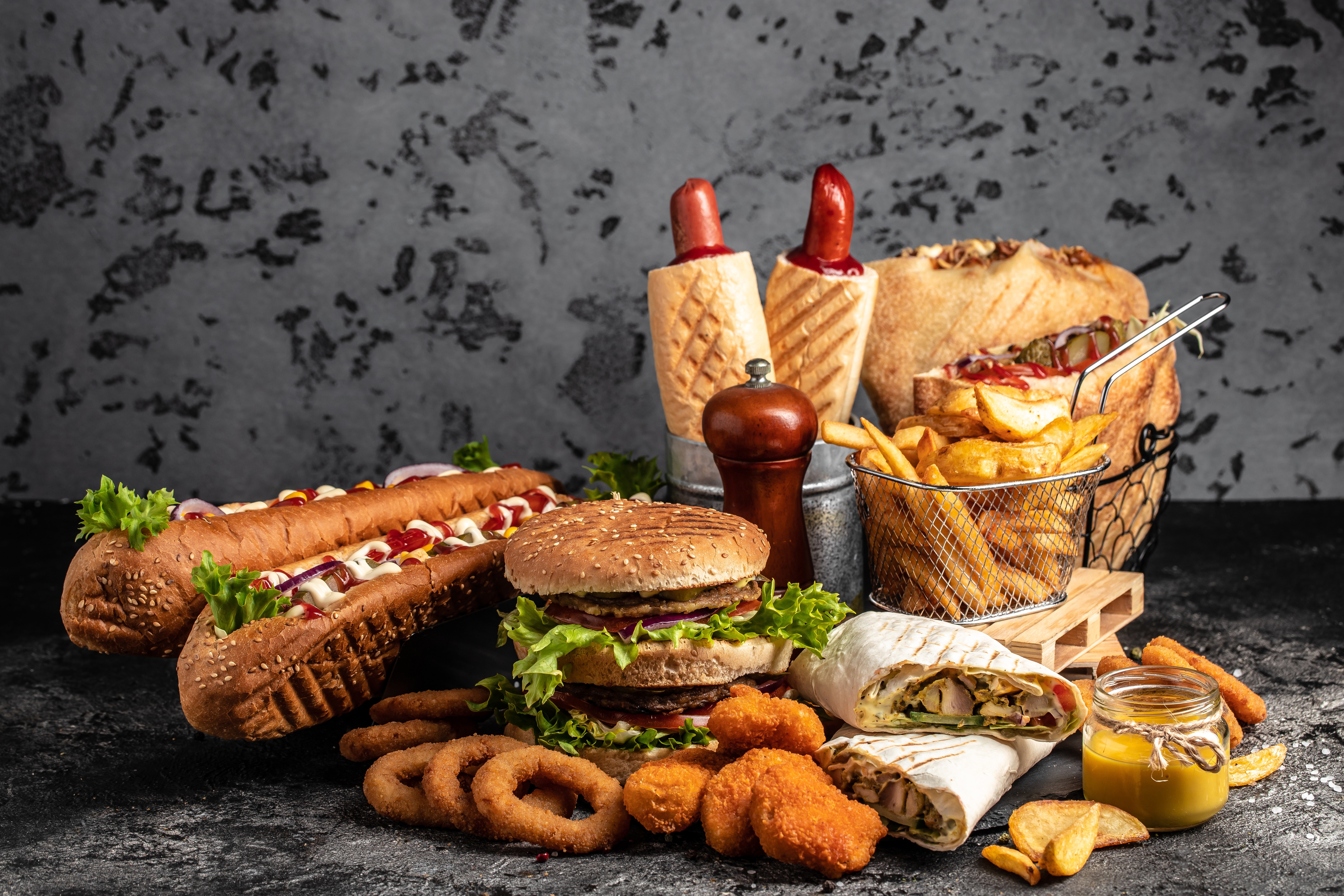 a group of junk foods on a table