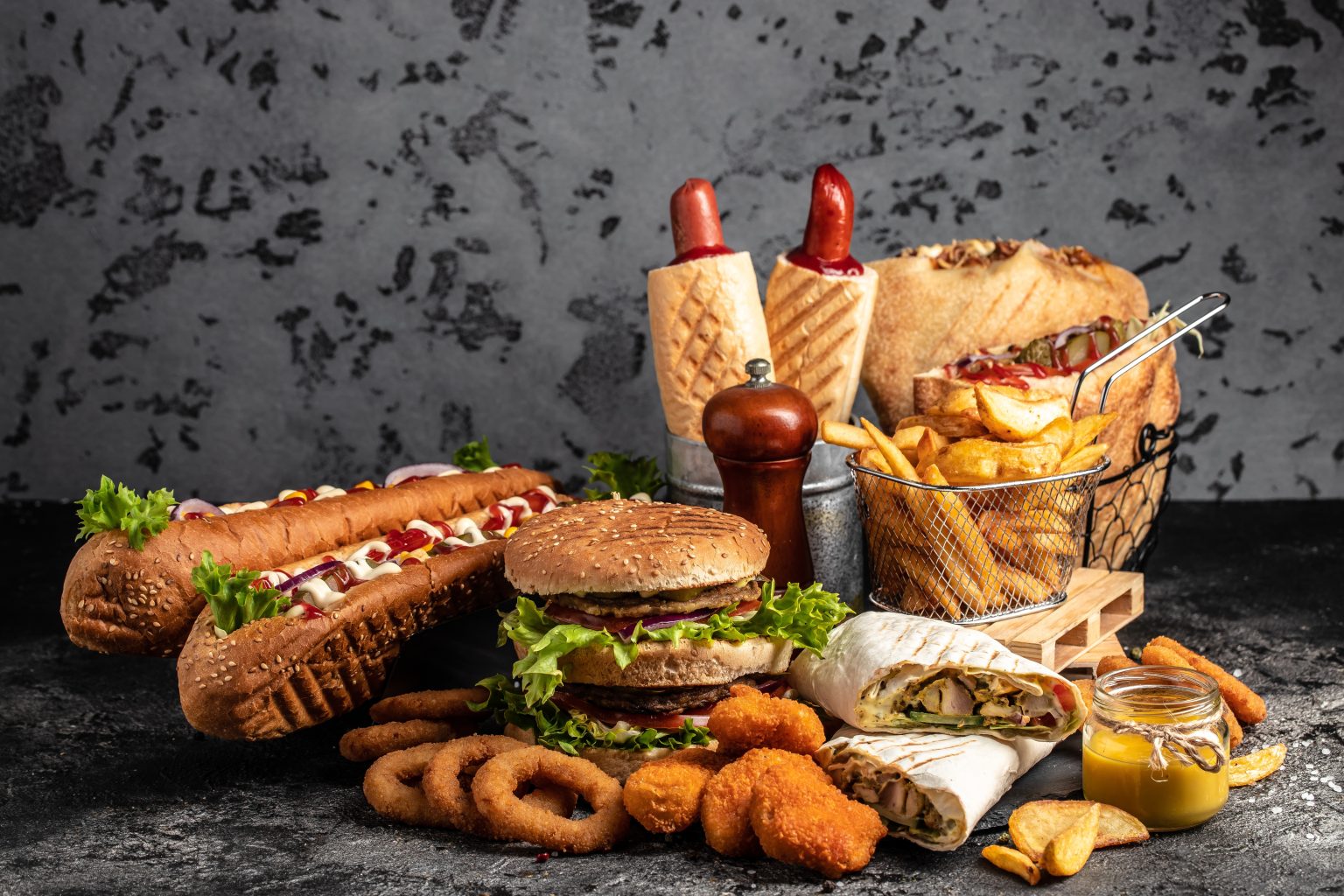 a group of junk foods on a table