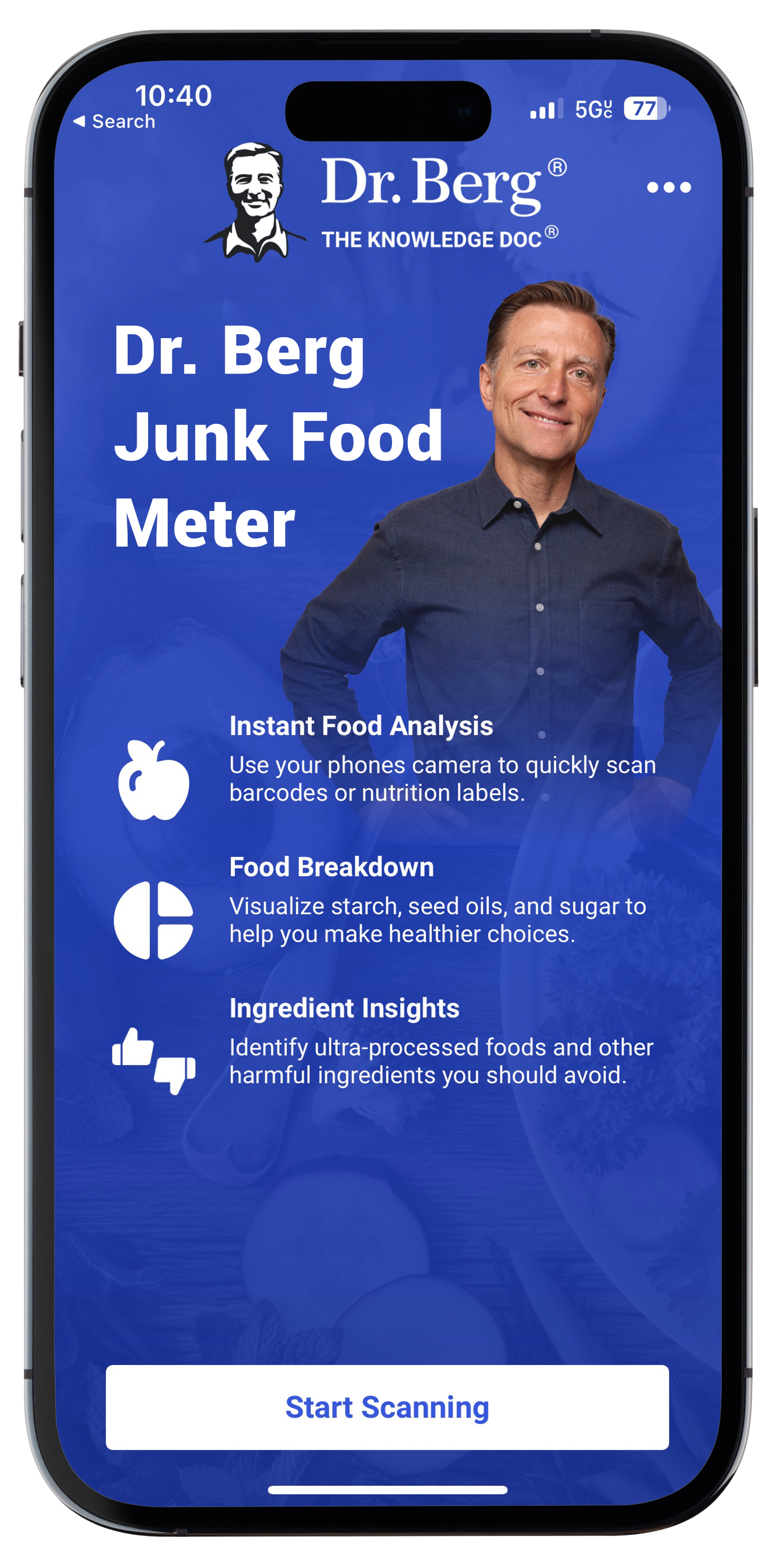 Smartphone with Dr. Berg Junk Food Meter App on screen