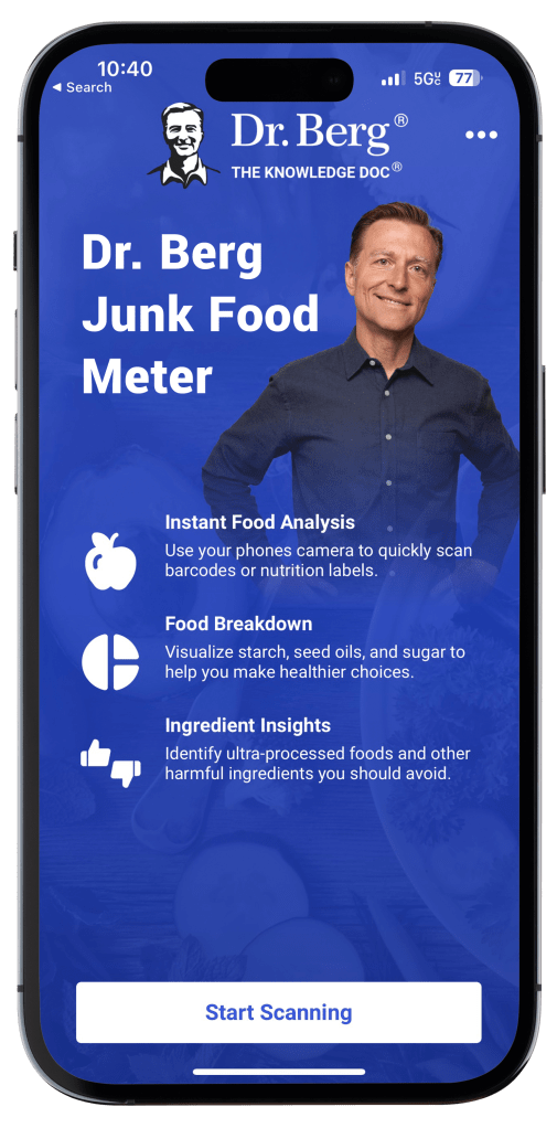 Smartphone with Dr. Berg Junk Food Meter App on screen
