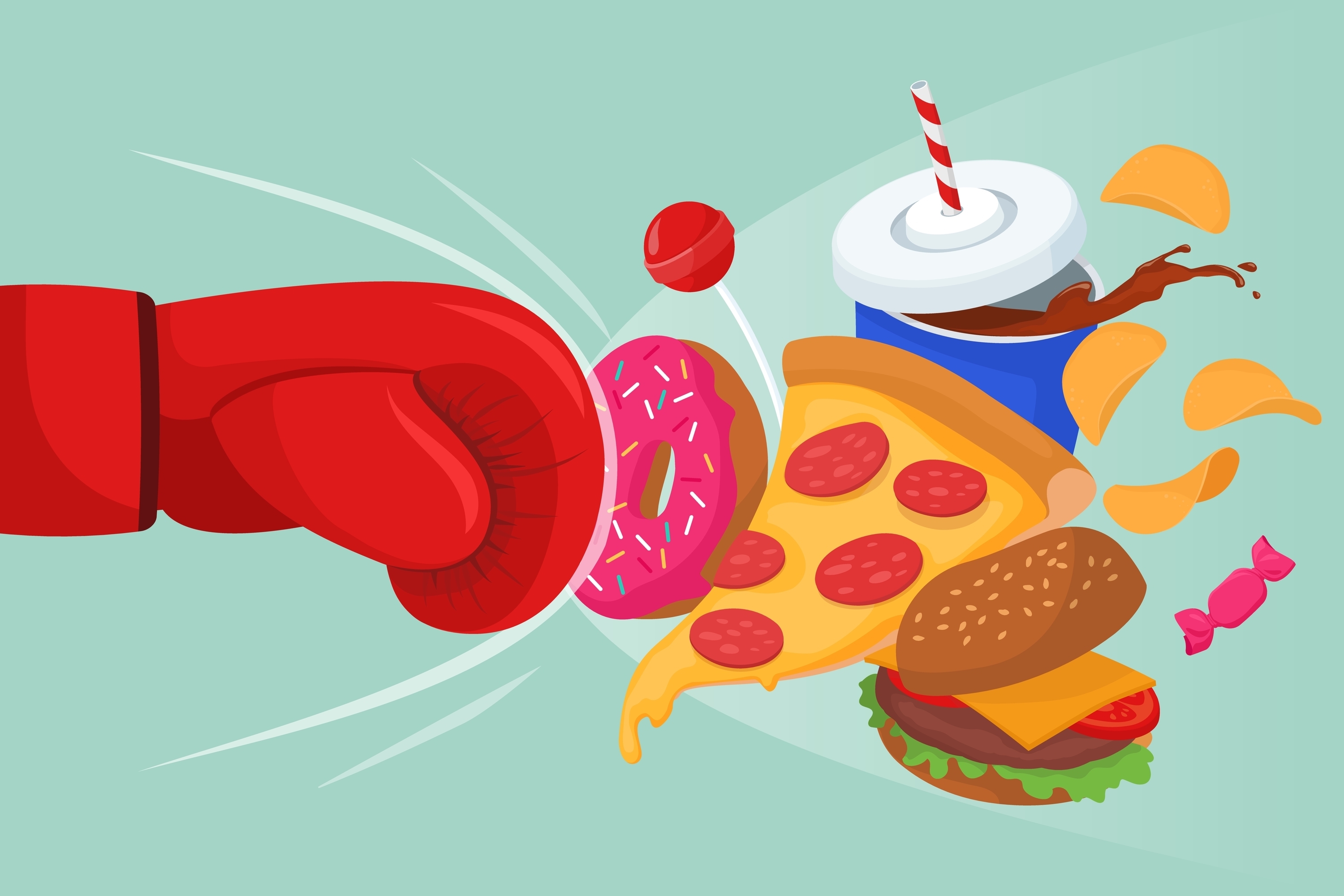 Boxing glove hitting fast food   