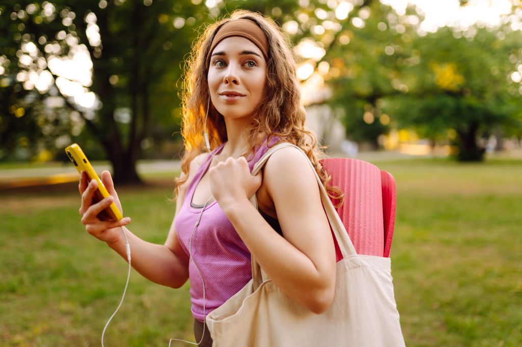 Woman walking to an exercise class